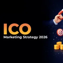 Graphic banner with the text “ICO Marketing Strategy 2026” in bold orange and white lettering on a dark background,